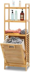 Cesto Bambu de Lavanderia Inclinável com Prateleiras de Armazenamento 3 Camadas, Cesta de Roupas Removível, Armário, Banheiro, Quarto, Natural, Heimon