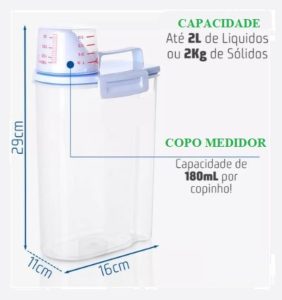 Conjunto de 2 Potes Herméticos de 2 litros de Plástico com Medidor Tampa com Trava Dosadora Armazenamento Alimentos Grãos Transparente Multiuso Sabao Liquido Amaciante Alvejante