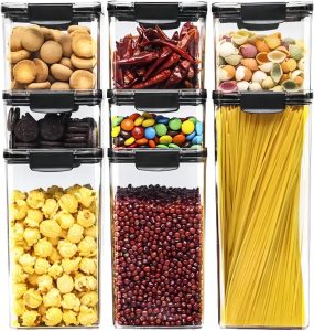 Conjunto de 8 Potes Herméticos de Plástico, Recipientes Organizadores para Cozinha com Tampa, para Massas, Doces, Grãos e Temperos