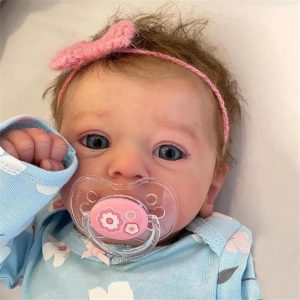 QIYANER 48cm 1.5kg Bebê Reborn Realista,Boneca Bebe Reborn Silicone Realista,Com Tiara Rosa Abrir Os Olhos Roupas Azuis Lavável Reborn Baby Vinil Corpo Inteiro,Olhos azuis