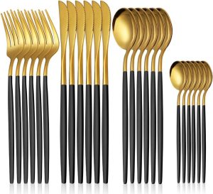 MODUS Talheres 24 Peças Aço Inox Faqueiros Com Colher Facas Garfo (Ouro Preto 24Peças)