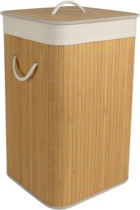 Cesto de Bambu Ecológico para Lavanderia com Tampa e Alças de Fibra Natural - Bege - 65 Litros