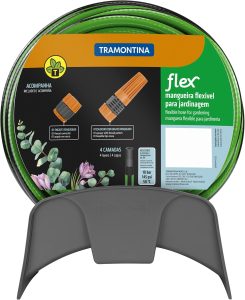 MANGUEIRA JARDIM FLEX ESPECIAL LISTRADA EM PVC, COM SUPORTE E ENGATES PLAST, COM 15 METROS