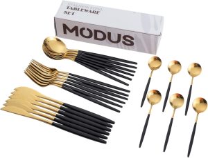 Jogo de Talheres 24 Peças Aço Inox Faqueiros Com Colher Garfo Faca e Colher de Café (Ouro Negro)