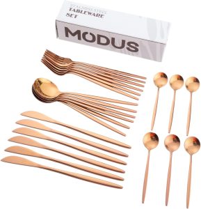 Jogo de Talheres 24 Peças Aço Inox Faqueiros Com Colher Garfo Faca e Colher de Café (Ouro Rosa)