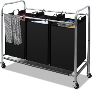 3 Sacos de Cesto de Roupa Suja, Cesto de Roupa Suja com Divisoria, 3 Bag Laundry Hamper Carrinho com Rodas Bloqueáveis de Rolamento Resistente E Sacos Removíveis