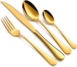AMIKOTON Conjunto de Talheres de Ouro 24 Peças, 6 Conjuntos de Faca, Garfo, Colher e Colher de Chá de Aço Inoxidável, Espelhado, Resistente a Manchas, Lavável na Máquina