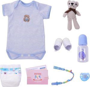 Bebê Reborn Boneco de Silicone Menino Realista Pintado Olhos Azuis 48cm Com Urso e Acessórios