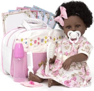 Boneca Reborn Negra Realista 46cm Com Bolsa 20 Acessórios