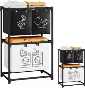 Cesto de Roupa Suja Para Lavanderia Banheiro Com Dois Andares 3 Cestos Hastes de Metal (Preto)