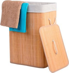 Cesto de Roupas Bambu 57L / 60L / 104L Redondo Retangular Duplo Banheiro Lavanderia Com Tampa Bambu Preto Cesto Roupas Sujas Grande Cesto de Roupas Retangular Forrado Com Alças (Bambu Natural, 60L)