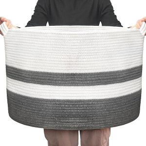 Cesto de corda de algodão 85L, cobertor de roupa de bebê, cesta de brinquedos com alça, almofadas de edredom, cesto de roupa suja (Extra grande)