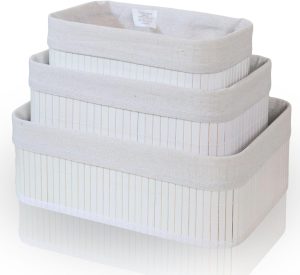 Cestos Organizadores De Bambu 3 Unidades Multiuso Com Forro Perfeito Para Banheiros, Armários, Lavanderias. Bonito e Elegante (Branco)