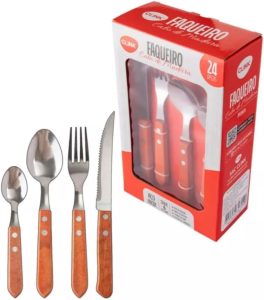 Conjunto Faqueiro 24 Peças em Aço Inox Cabo Madeira