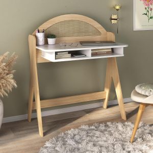 Escrivaninha com nichos impressão palha 3D 100% MDF CECI cor Naturaele/Branco - Artely