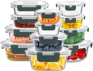 FREYBLI Recipientes de armazenamento de vidro com tampas, conjunto de tigelas de vidro herméticas de 24 peças com tampas de travamento de pressão para almoço, armazenamento de alimentos, preparação de