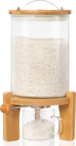 Famyards Distribuidor De Arroz De Vidro Com Suporte De Madeira, Recipiente Para Farinha E Cereais Com Copo Medidor De Vidro, Despensa, Organização De Alimentos, Recipiente De Armazenamento Com Tamp