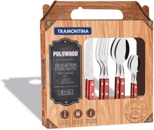Faqueiro 24 Peças Polywood Sortidos com Laminas de Aço Inox e Cabos de Madeira, Tramontina, Polywood 21199705, Vermelho