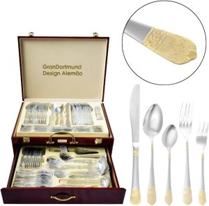 Faqueiro Inox 84 Pçs Dourado Banhado A Ouro Maleta Madeira Vermelho