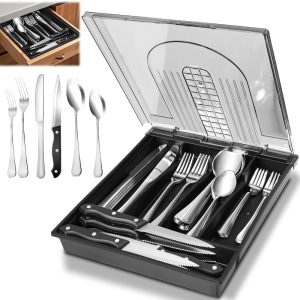 Faqueiro, Jogo de Talheres 48PCS, 410 Faqueiro Inox, caixa de armazenamento removível, Jogo de Talheres, Faqueiro Dourado, Conjunto completo de talheres, para presentes, Prata