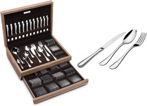 Faqueiro Tramontina Classic em Aço Inox com Facas de Mesa Forjadas Acabamento Brilho e Estojo de Madeira 130 Peças