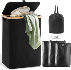 Genérico - Cesto de Roupas Sujas Organizador de 160L com 3 Compartimentos Dobrável Preto