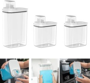 Genérico Dispenser Lavanderia Flow Kit 3 peças com Tampa Hermética, Tecnologia Antivazamento e Tampa Medidora