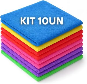Kit 10 Panos de Microfibra 35x35cm Multicoloridos Super Absorventes para Limpeza Geral e Reutilizável
