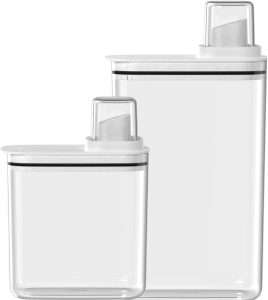 Kit 2 Dispenser Porta Sabão Líquido em Pó Multiuso Com Bico e Tampa Dosadora 1,5L + 2,3L Lavanderia - Amaciante Alvejante Flow Ou