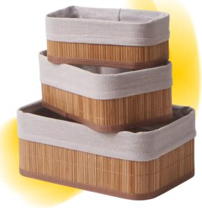Kit 3 Cestos Organizadores de Bambu Forro Removível Organização Estilo Casa Multiuso Banheiro Cozinha Lavanderia Decorativo Sustentável