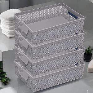 Kit 4 Cesto Organizador Plástico 5,2L com Design Juta – Multiuso para Cozinha, Banheiro e Lavanderia – Resistente, Compacto e Decorativo (Cinza)
