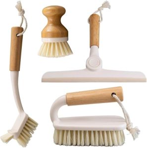 Kit Oikos 3 Escovas De Limpeza E 1 Rodinho Dobrável Cores Branco ou Preto Com Cabo de Bambu (4 Peças) (Branco)