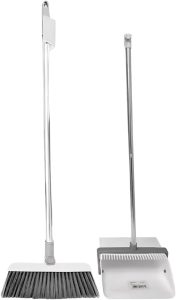 Kit Vassoura e Pá Ajustável 2in1 Com Limpa Cerdas Suporte Parede Compacto Ambientes Pequenos