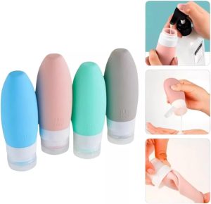 Kit Viagem Frascos Silicone Reutilizáveis - 4 Recipientes Flexíveis Shampoo Condicionador Cremes - Dispenser Higiene Portátil Cosméticos - Pote de Silicone 90ml para Viagem