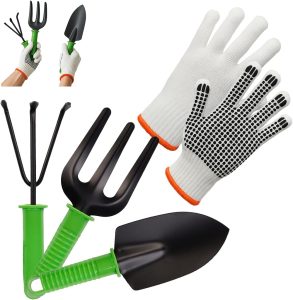 Kit para Jardinagem 4 Peças – Pá, Garfo, Ancinho + Luva de Proteção