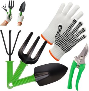 Kit para Jardinagem 5 Peças – Pá, Garfo, Ancinho + Tesoura de Poda + Luva