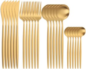 MODUS Talheres 24 Peças Aço Inox Faqueiros Com Colher Facas Garfo (Ouro 24Peças)(SPK-MODUS)