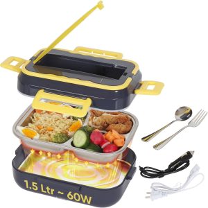Marmita Elétrica Portátil Automática,Lancheira Elétrica Térmica 12V/24V 110V Aquecedor de Alimentos com Recipiente de Aço Inoxidável Removível 1,5L para Carro,Caminhão e Casa (Preto)
