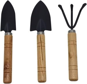 Mini KIT De Jardinagem 3 Peças Com Cabo De Madeira Incluso 1 Pá Fina 1 Pá Larga E 1 Ancinho Ferramentas Em Aço Para Horta Terrário Vasos Plantas