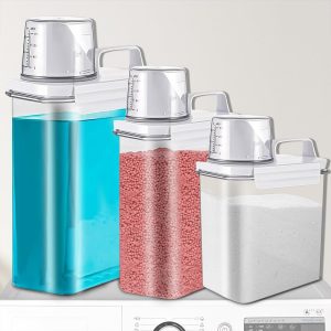 Netpeato Dispensador de Sabão em Pó e Amaciante, 3 Tamanhos (1,1L, 1,8L, 2,3L), Transparente, Lavanderia