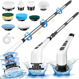 Netpeato Escova Elétrica de Limpeza, 9 em 1, 9 Cabeças de Escova Substituíveis, Alça Ajustável, Esfregão de Limpeza Eletrico, Branco