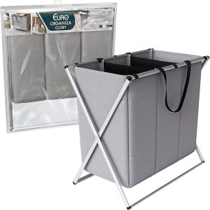 Organizador dobrável de roupas sujas com 3 compartimentos, Cinza,ORG0686, Euro Home