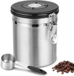 Pote de café, recipiente hermético de armazenamento de café de aço inoxidável com tampa, recipiente de válvula de CO2 de uma maneira e jarra de café para feijão, moído, chá, farinha, açúcar (1,5 litros)