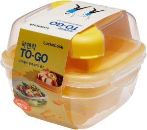 Pote/Marmita Hermética com 3 divisórias talheres e recipiente para molhos Lock&Lock 940mL (Amarelo)