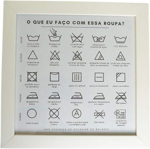 Quadro Guia para Lavanderia, Branco, com Acetato e Suporte Pendurador, 23x23cm, Joga Moda na Roda Consultoria de Imagem