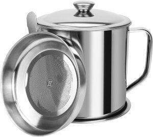 Recipiente de graxa de bacon, recipiente de óleo de cozinha com coador e bandeja de porta-copos antiderrapante para armazenar óleo de fritura de carne e armazenamento de gordura de cozinha