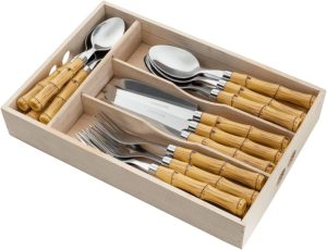 WOLFF Faqueiro de Aço Inox Com Cabo Plástico Bambu 24 Peças - Jogos de Talheres - Mesa Posta - Utensílios de Cozinha, Enxoval, Casamento, Decoração