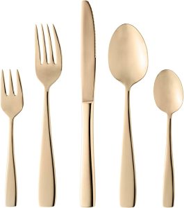 WOLFF - Faqueiro de Aço Inox Pisa Dourado Fosco 30 Peças - Mesa Posta - Itens Para Casa - Utensílios de Cozinha - Enxoval - Casamento - Decoração